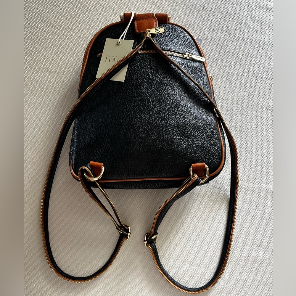 Valentina NWT Black and Tan Leather Backpack Style Handbag Made in Italy - Picture 3 of 8
